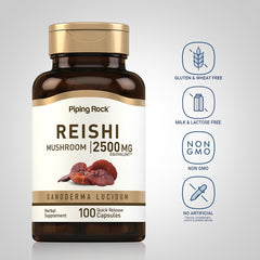 Piping Rock Reishi capsules closeup emphasizes quick-release capsules for easy dosing
