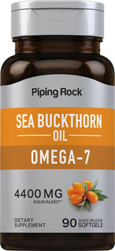 Piping Rock Sea Buckthorn oil capsules bottle showing 90 softgels for daily omega-7 support.