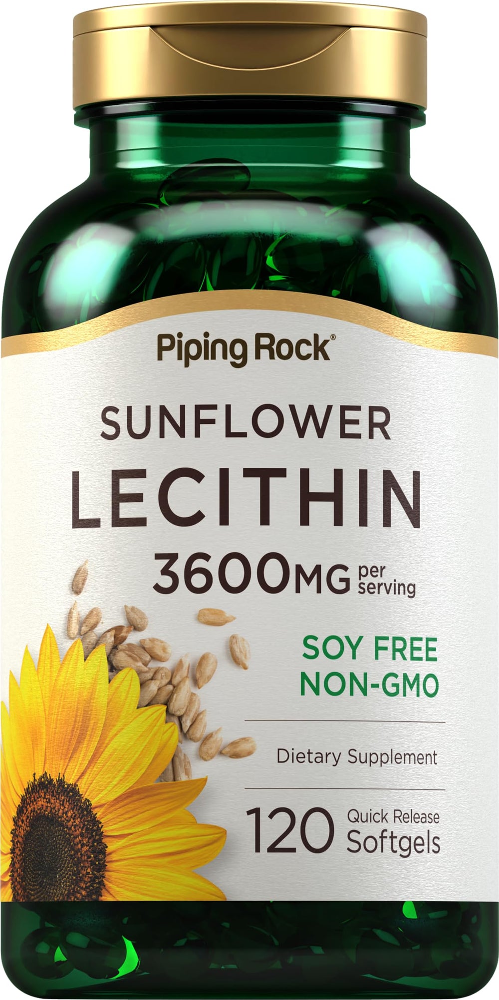 Piping Rock sunflower lecithin softgel bottle for daily supplementation.