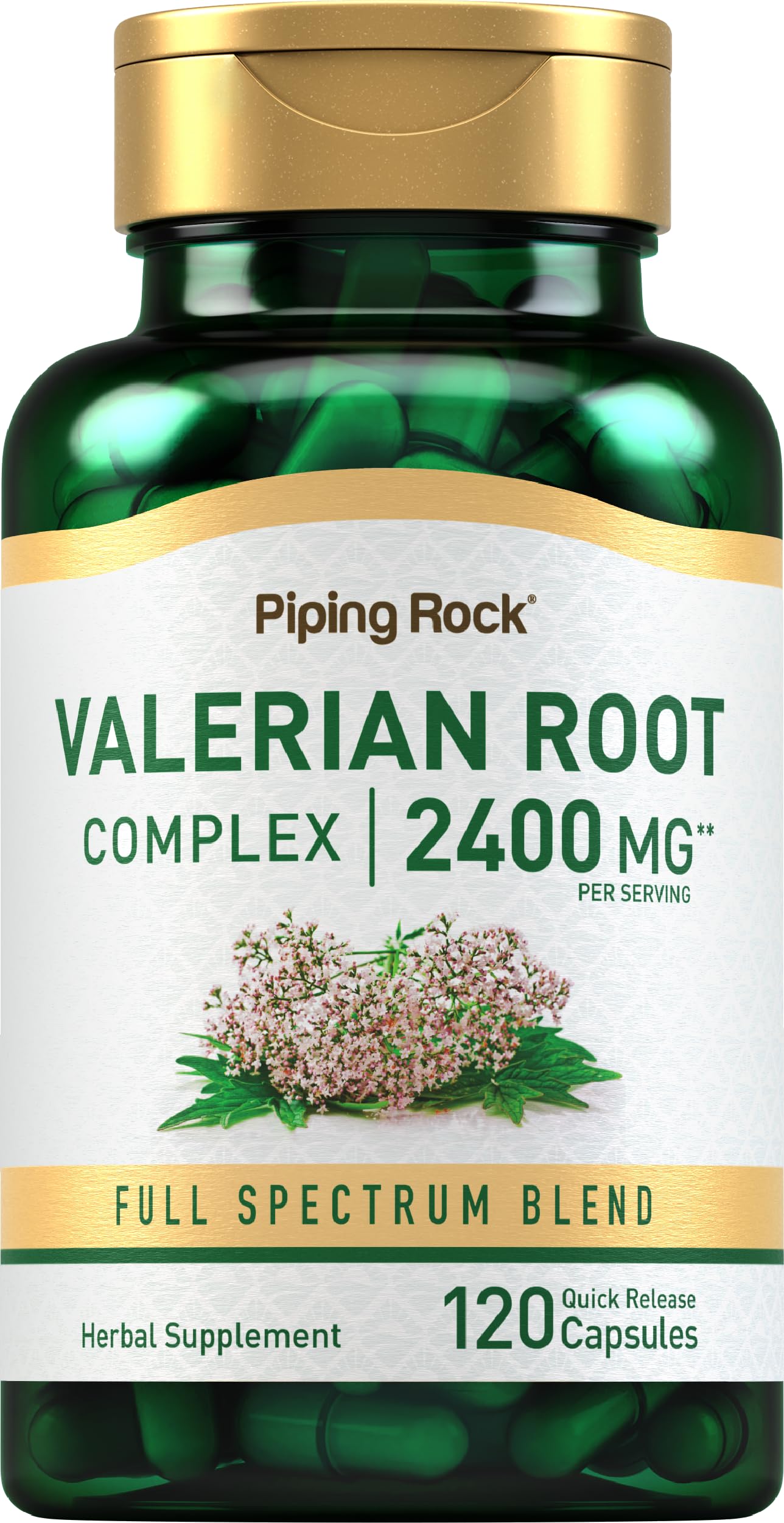 Piping Rock Valerian Root Capsules bottle front, convenient 2400 mg herbal blend.
