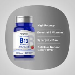 Piping Rock Vitamin B12 Sublingual dissolve action shows fast absorption concept.