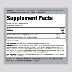 Piping Rock Wormwood Black Walnut bottle side label highlights gluten-free and Non-GMO features.