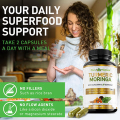 PIUS NATURE Turmeric Moringa moringa powder close-up highlights nutrient richness.