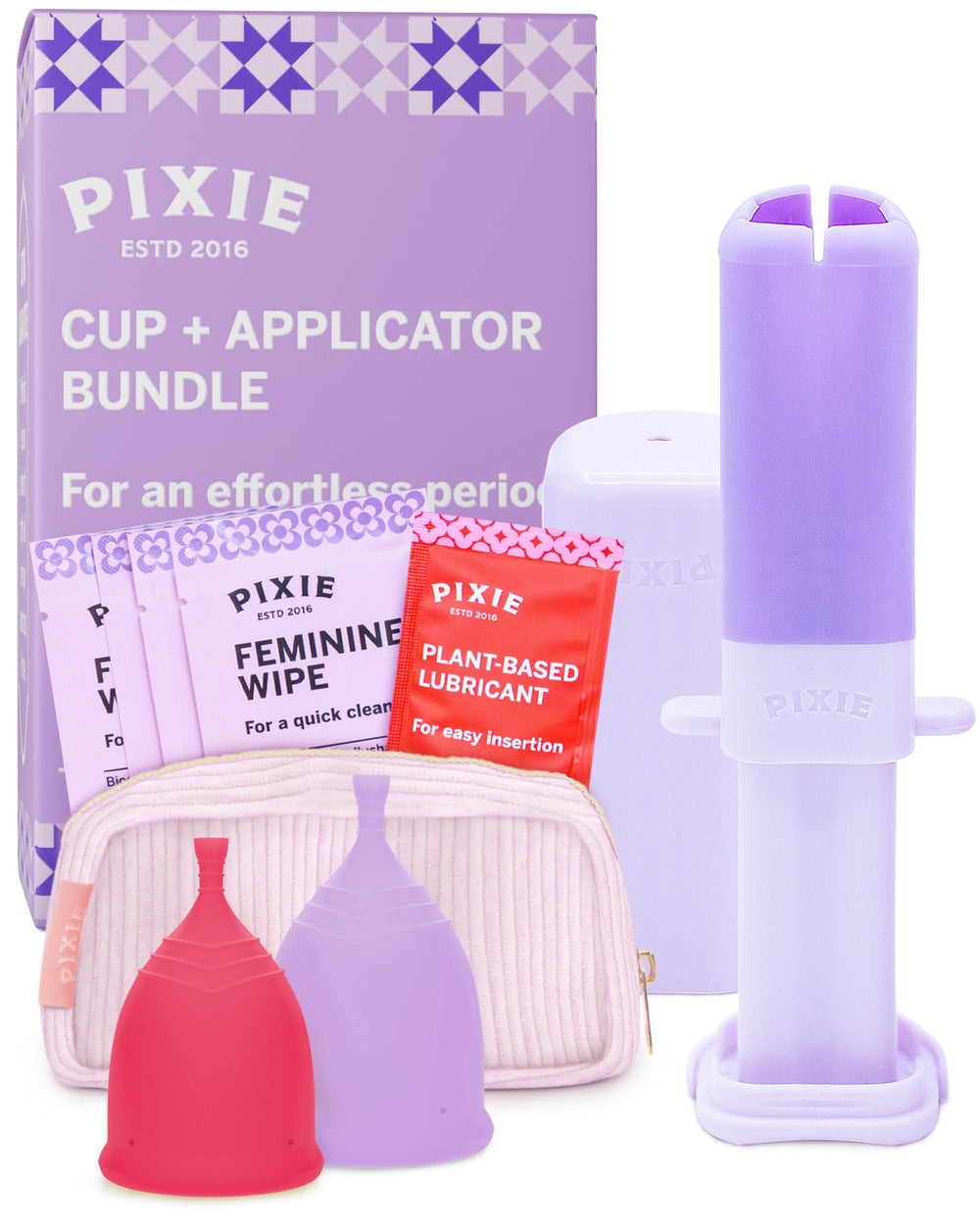 Pixie Cup bundle front view with two soft silicone cups and applicator for easy use