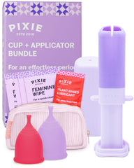 Pixie Cup bundle front view with two soft silicone cups and applicator for easy use