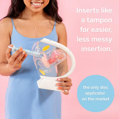 Pixie Cup Disc Applicator demonstrates tampon-style insertion for quick controlled placement.