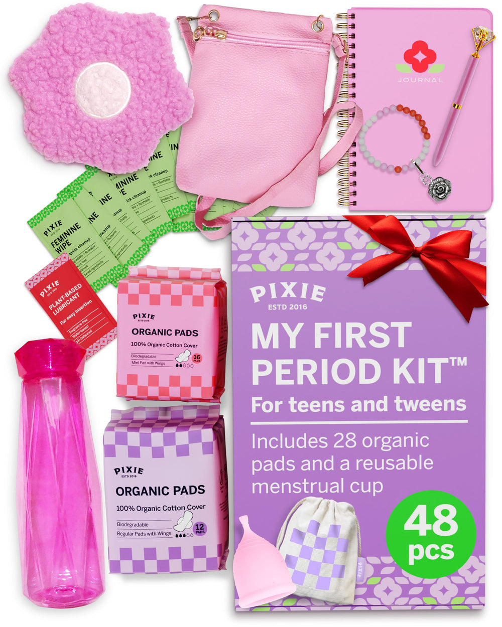 Pixie Cup first period kit pads closeup highlights comfortable absorbent protection for tweens