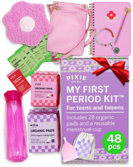 Pixie Cup first period kit pads closeup highlights comfortable absorbent protection for tweens