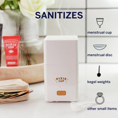 Pixie Cup steam cleaner with cup inside shows 3-minute steaming cycle