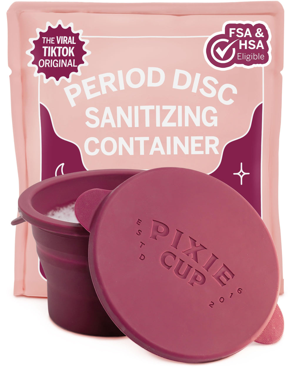 Pixie Cup sterilizing container collapsible for compact travel and on-the-go hygiene.