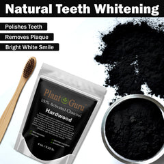 Plant Guru activated charcoal powder on toothbrush for teeth whitening prep.