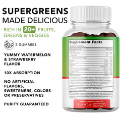 PLANT.O NUTRITION SuperGreens Gummies bottle on table for grab-and-go vitality.