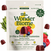 Plant People WonderBiome bottle front shows 60 vegan gummies for daily gut support.