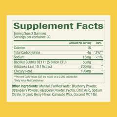 Close-up of WonderBiome gummies highlights chewy texture and sugar-free formulation.
