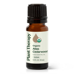 Plant Therapy Atlas Cedarwood essential oil diffuser bottle emits a warm woody aroma for diffusion.