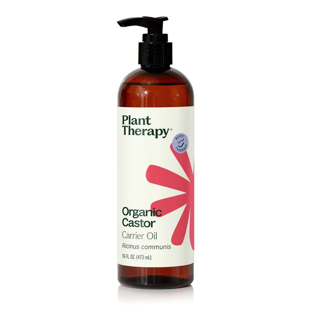 Plant Therapy Castor Oil bottle 16 oz showing clear glass for hair hydration and skin care.