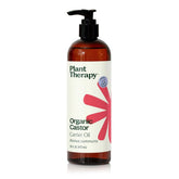 Plant Therapy Castor Oil bottle 16 oz showing clear glass for hair hydration and skin care.