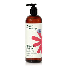 Plant Therapy Castor Oil bottle 16 oz showing clear glass for hair hydration and skin care.
