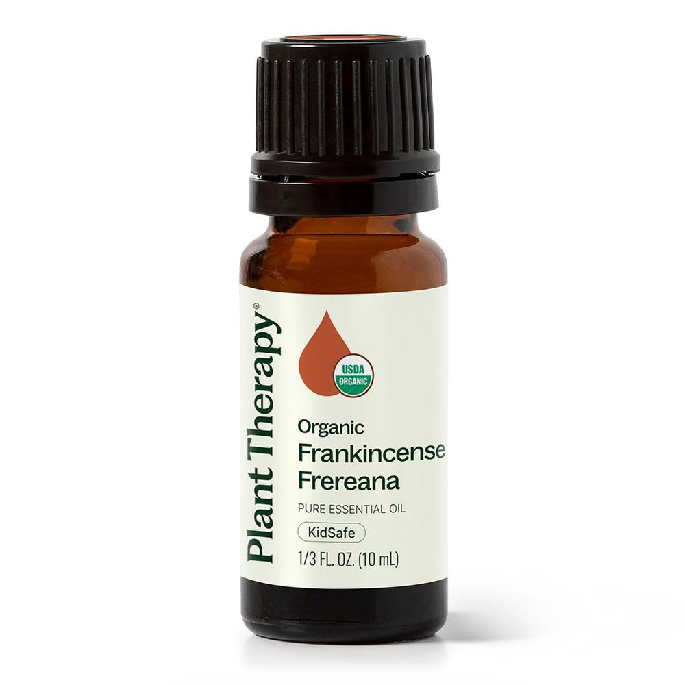 Plant Therapy Frankincense Frereana oil bottle ready for aromatherapy sessions.