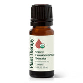 Plant Therapy Frankincense Serrata bottle pour for calming aromatherapy and clear breathing support.