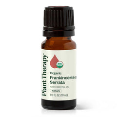 Plant Therapy Frankincense Serrata bottle pour for calming aromatherapy and clear breathing support.