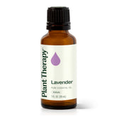 Plant Therapy Lavender oil bottle on wood surface for calming aromatherapy.