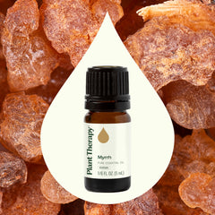 Plant Therapy Myrrh oil label close-up highlighting purity and batch testing