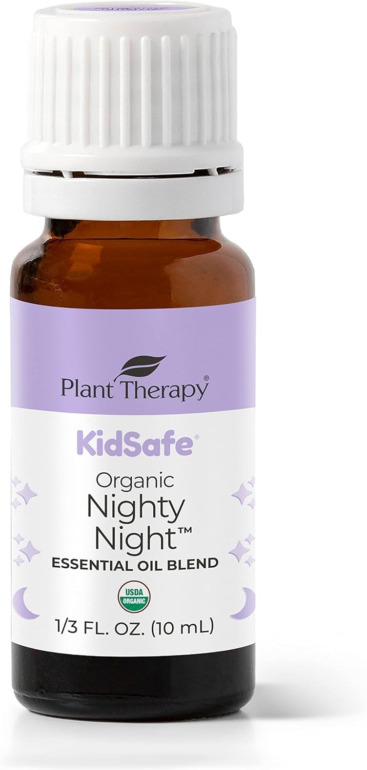 Plant Therapy Nighty Night bottle label on shelf for calming bedtime aromatherapy.