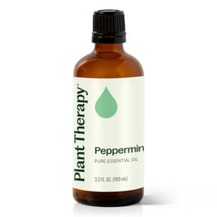 Plant Therapy Peppermint Oil bottle shows purity for diffusion and topical use.