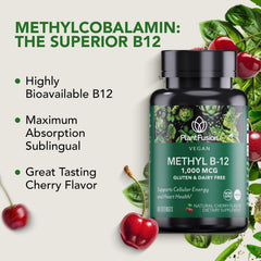 Cherry-flavored PlantFusion B12 methyl lozenge highlighting taste and ease of use.