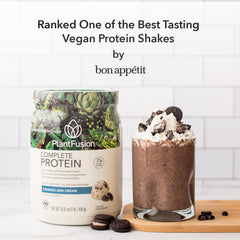 PlantFusion Complete Vegan Protein Cookies and Cream open tub with scoop for easy daily protein