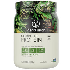 PlantFusion complete vegan protein powder tub; supports daily protein intake for active lifestyles.