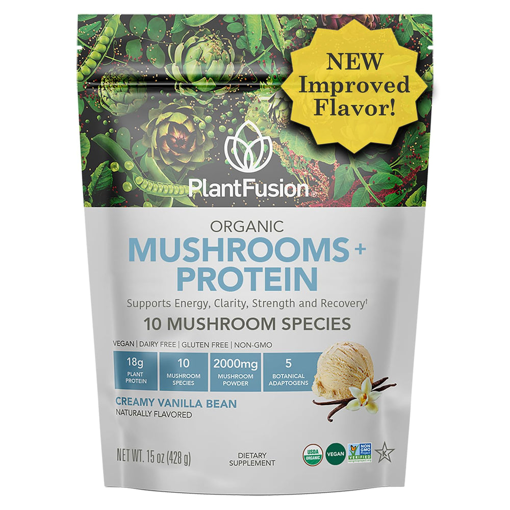 PlantFusion vanilla mushroom protein powder tub highlights vegan protein and a 3-in-1 formula.