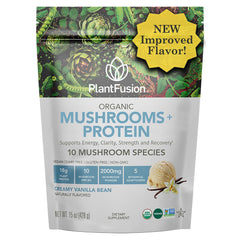 PlantFusion vanilla mushroom protein powder tub highlights vegan protein and a 3-in-1 formula.
