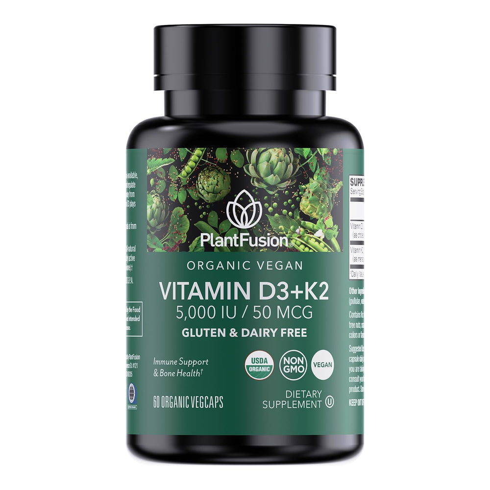 PlantFusion D3 K2 5000IU bottle view highlighting vegan immune support.