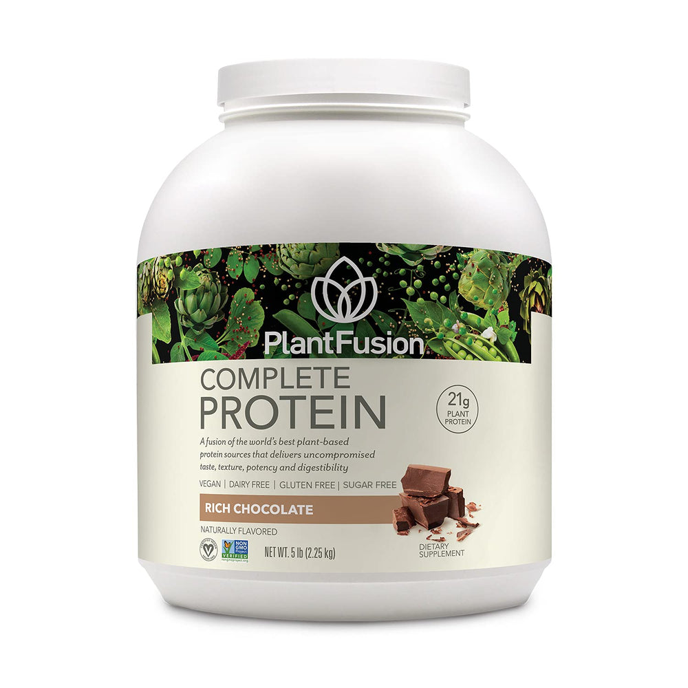 PlantFusion Rich Chocolate protein tub for post-workout vegan nutrition.