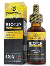 PlantOrigin Extra Strength Biotin Liquid bottle highlights high potency for hair and nails support.