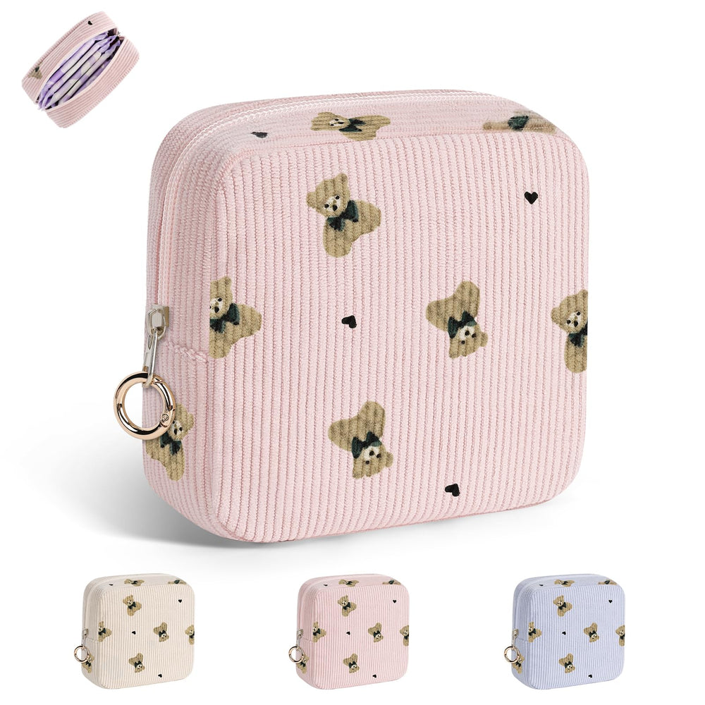 Playexen bear corduroy period bag in pink for discreet napkin storage.