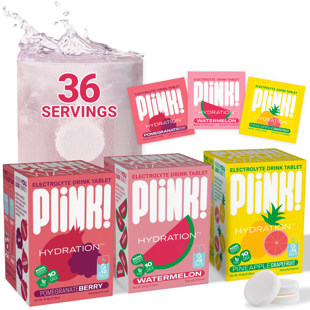 Plink fizzy tablet dissolving in water for quick hydration without clumps.