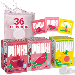 Plink fizzy tablet dissolving in water for quick hydration without clumps.