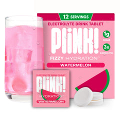 Plink Watermelon fizzy electrolyte tablet dissolving in water for refreshing hydration