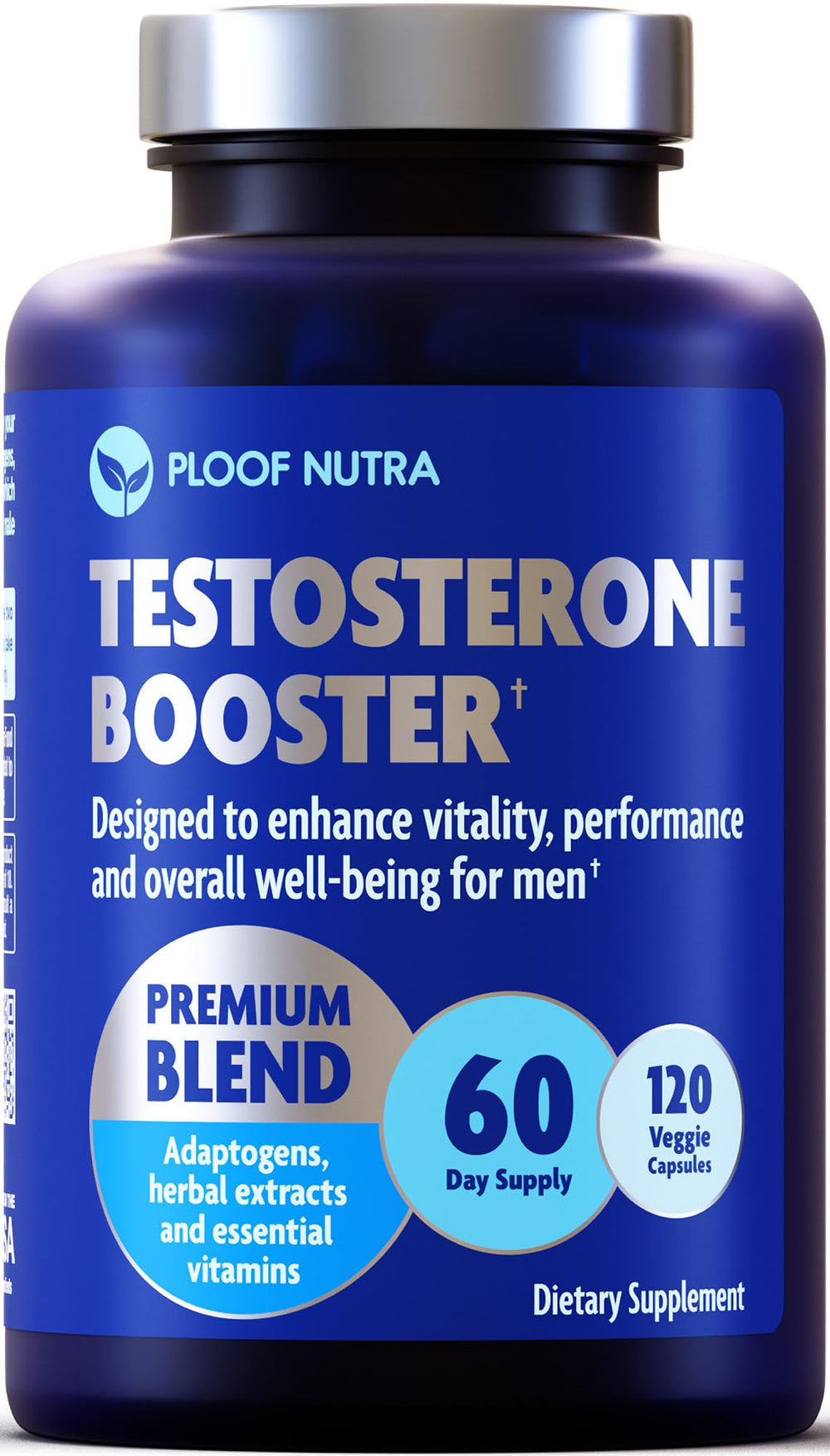 PLOOF Nutra Testosterone Booster bottle front view for daily energy and focus.