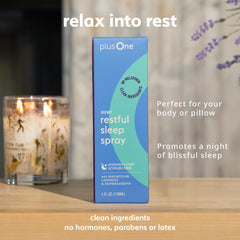 PlusOne Blissful Sleep Spray ingredients display magnesium and lavender for soothing evening wind-down.