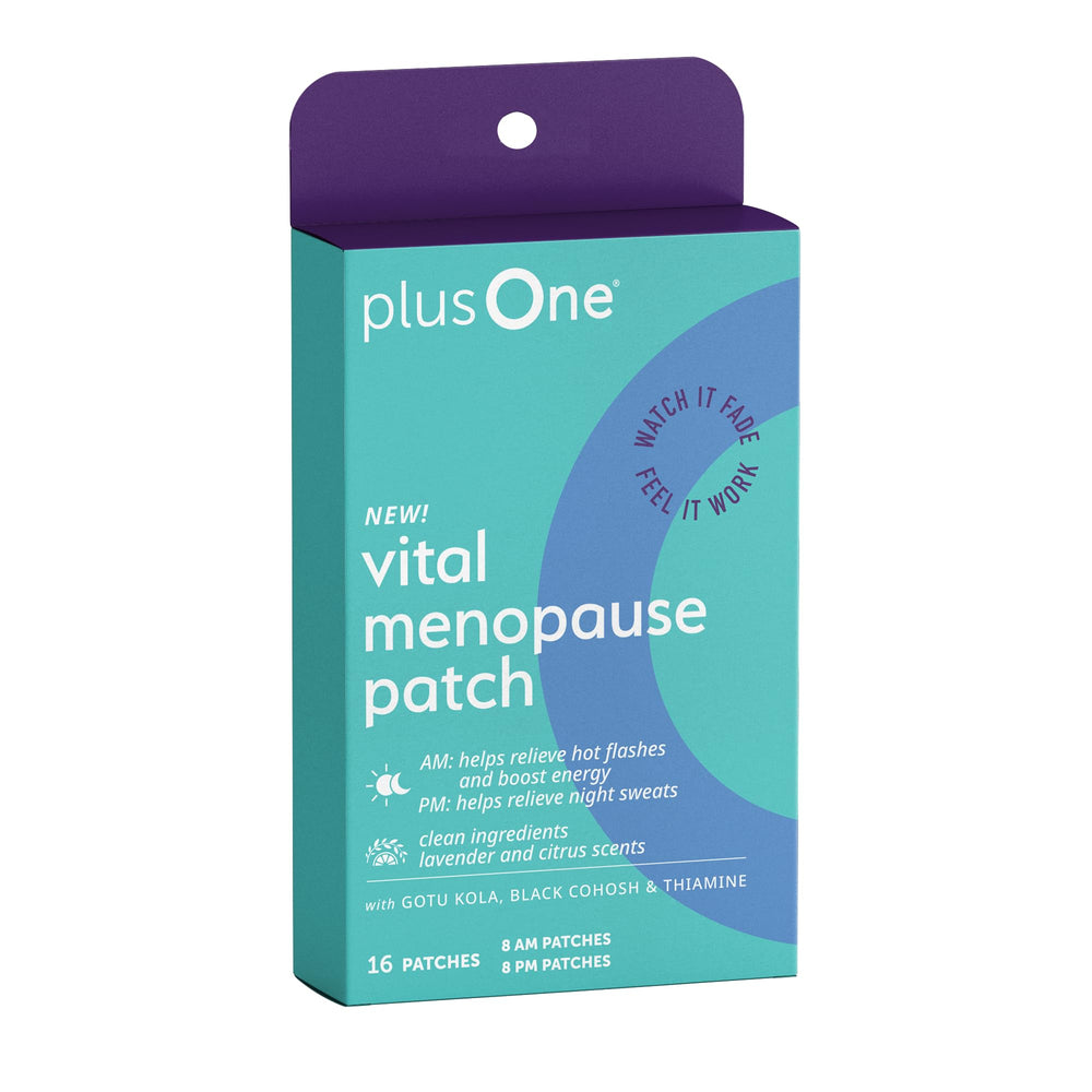 plusOne Vital Menopause Patch AM box shows morning formula for energized days.