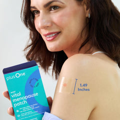 plusOne Vital Menopause Patch PM on-skin shows relaxing magnesium-based calm at night.