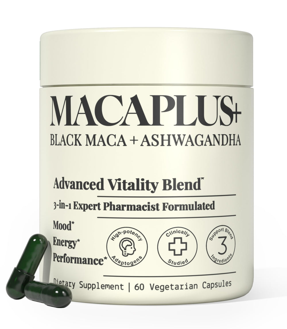 Plus+Ultra Black Maca bottle showcases concentrated maca extract for daily vitality.