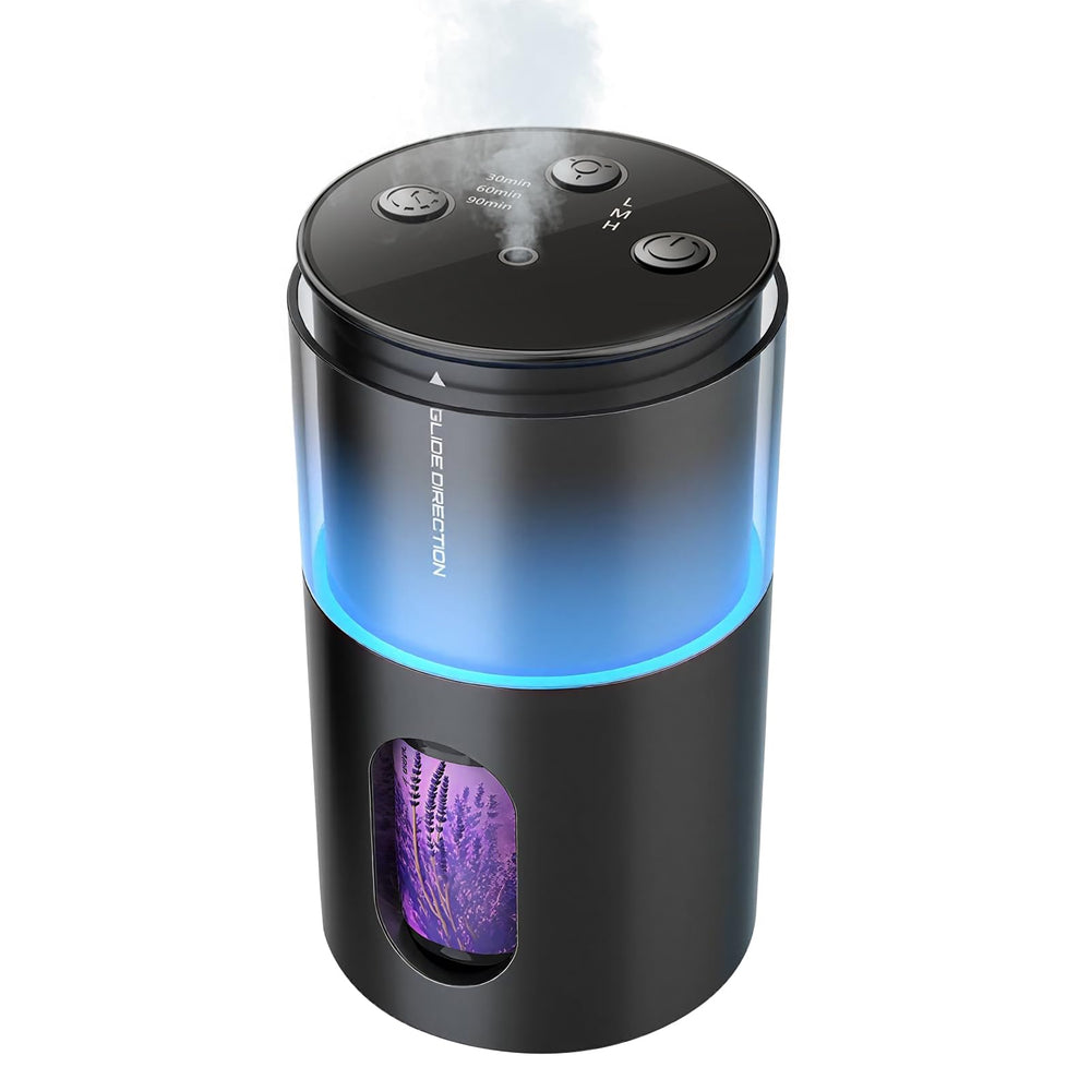 Pmsusoow waterless diffuser on desk, obsidian black, delivering steady aroma