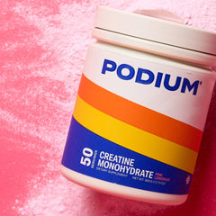 Podium Solos Pink Lemonade label close-up highlighting creatine monohydrate quality.