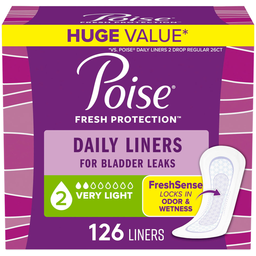Poise Daily Liners very-light absorbency, regular length, high-coverage protection for daily light leaks.