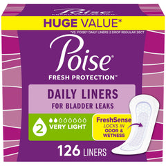Poise Daily Liners very-light absorbency, regular length, high-coverage protection for daily light leaks.